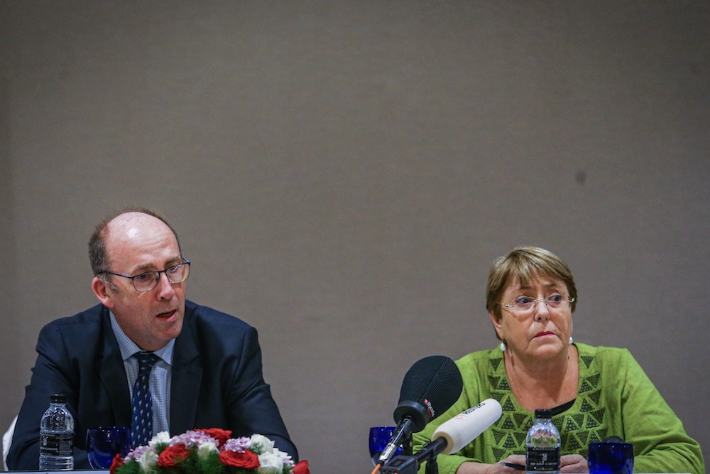 UN High Commissioner for Human Rights, Michelle Bachelet, and Chief of Asia Pacific Section OHCHR, Rory Mungoven, are seen during a press conference in Kuala Lumpur October 5, 2019. u00e2u20acu201d Picture by Hari Anggara