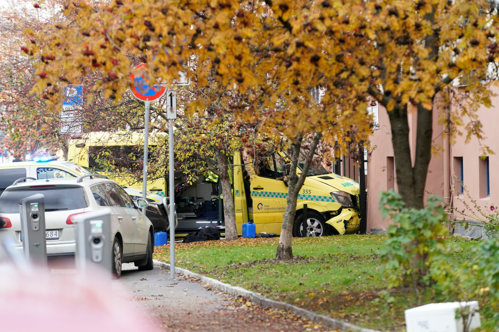 A stolen ambulance car that crashed against a house is pictured October 22, 2019 in Oslo, Norway. u00e2u20acu201d Picture from Stian Lysberg Solum/NTB Scanpix  via AFP