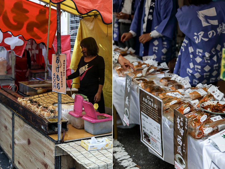 Some vendors wear traditional 'haori' jackets with their shops’ emblems; others go casual