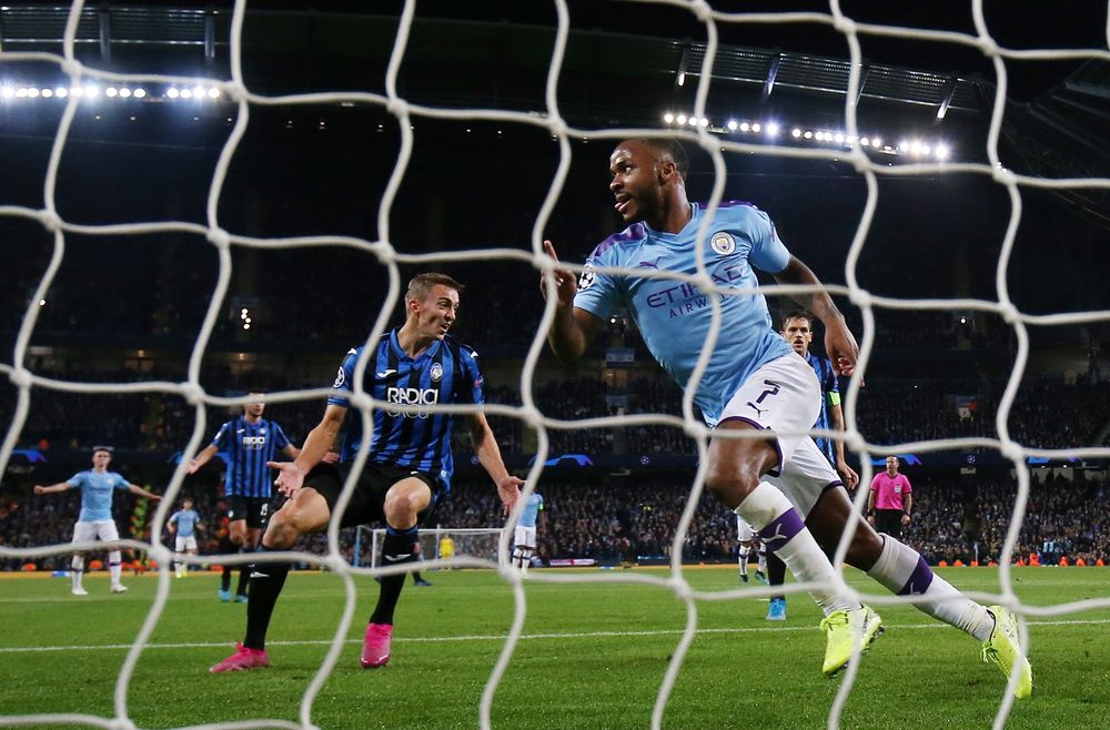 Manchester Cityu00e2u20acu2122s Raheem Sterling celebrates scoring their fifth goal and completing his hat-trick during their Champions League Group C match vs Atalanta in Etihad Stadium, Manchester, October 22, 2019. u00e2u20acu201d Action Images pic via Reuters