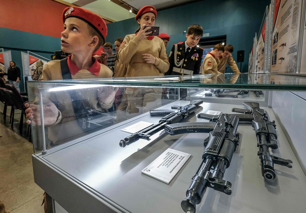 Members of Russiau00e2u20acu2122s Young Army attend the opening of the exhibition entitled u00e2u20acu02dcKalashnikov, a soldier, a designer, a legendu00e2u20acu2122, the Russian inventor of the AK-47 assault rifle, at the Victory Museum in Moscow September 24, 2019. u00e2u20acu201d AFP pic
