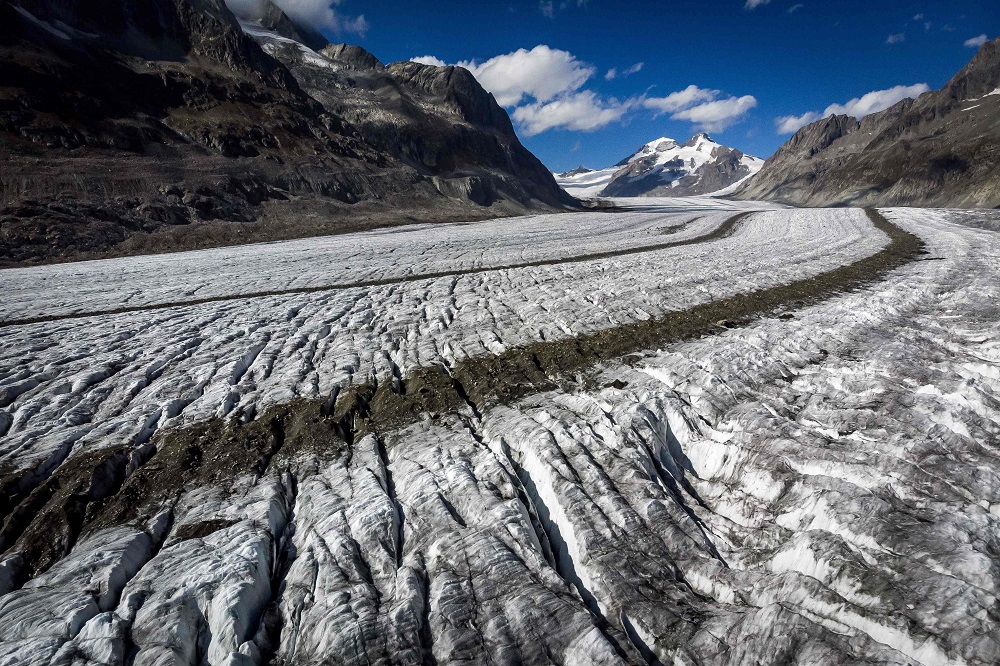 A photo taken on October 1, 2019 shows the Aletsch glacier above Bettmeralp in the Swiss Alps. u00e2u20acu201d AFP pic      
