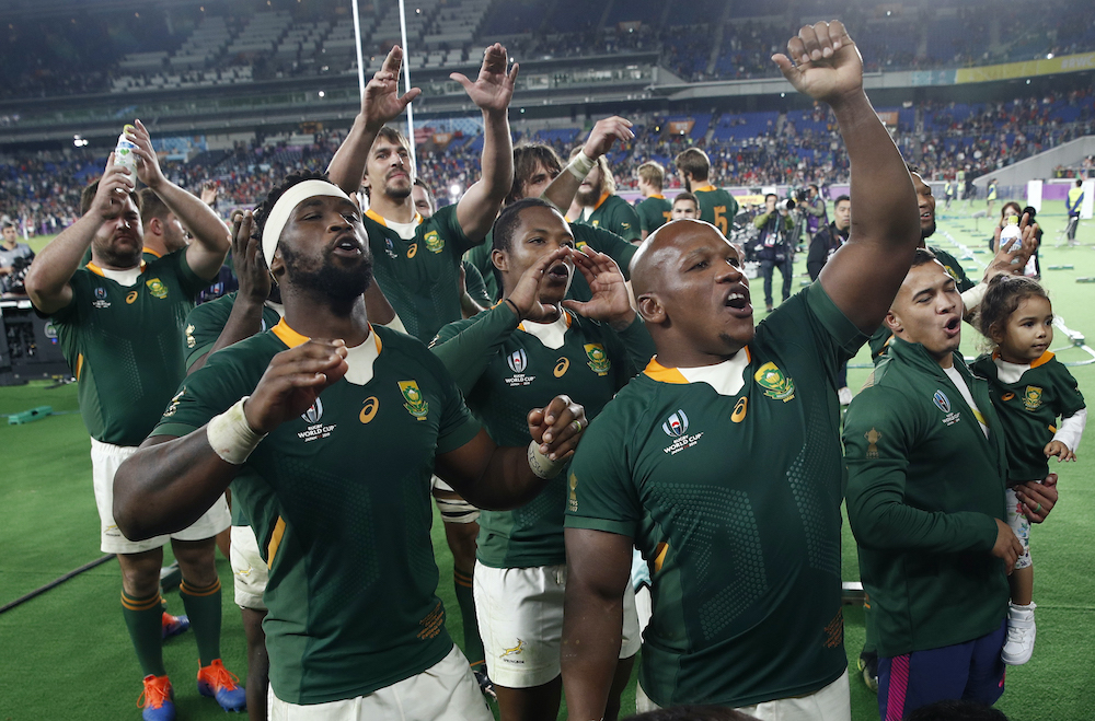 South Africau00e2u20acu2122s Siya Kolisi and Bongi Mbonambi celebrate with teammates after their Rugby World Cup semi final  against  Wales at the International Stadium Yokohama, Yokohama, Japan, September 27, 2019. u00e2u20acu201d Reuters picnn