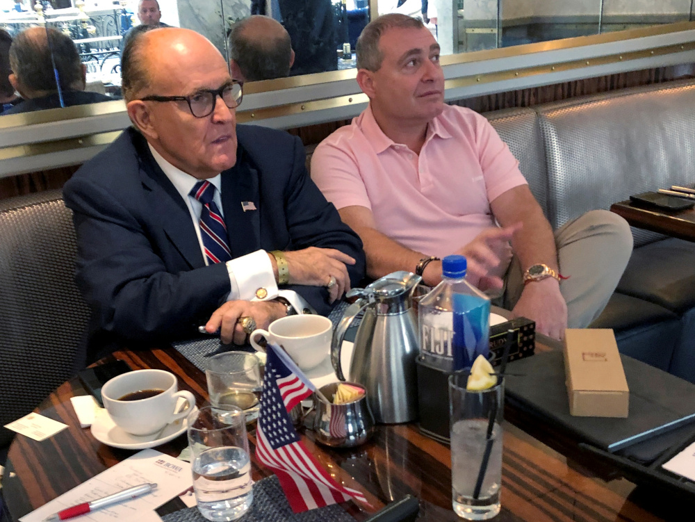 US President Trumpu00e2u20acu2122s personal lawyer Rudy Giuliani has coffee with Ukrainian-American businessman Lev Parnas at the Trump International Hotel in Washington, US September 20, 2019. u00e2u20acu201d Reuters pic 