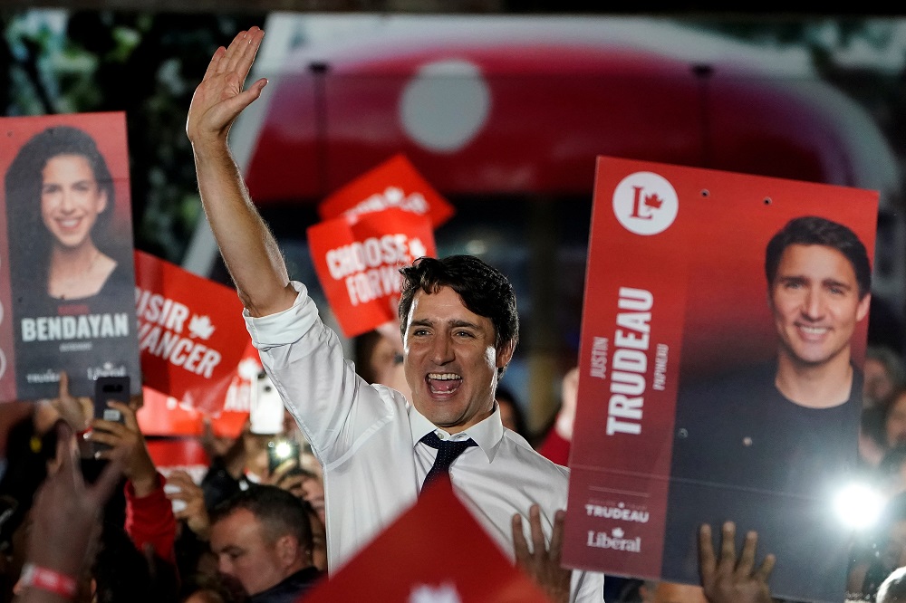 Canadian Prime Minister Justin Trudeau waves during a rally in Montreal, Quebec, Canada October 17, 2019. u00e2u20acu201d Reuters pic