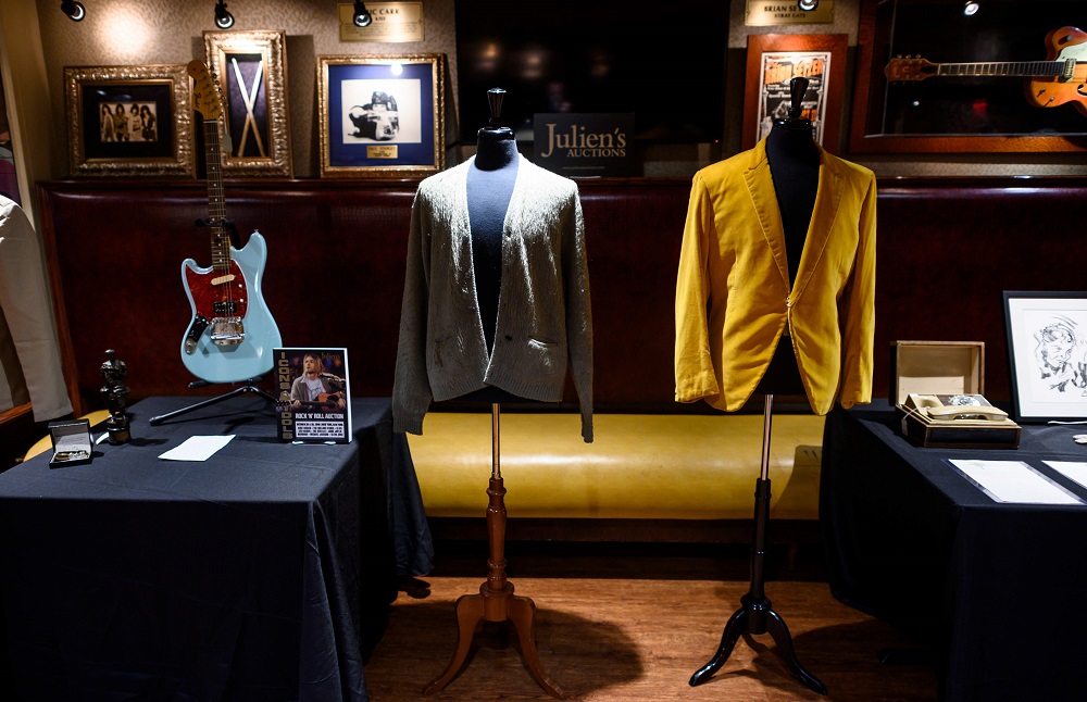 Kurt Cobain’s cardigans from Nirvana’s 1993 MTV ‘Unplugged’ performance is on display at the Hard Rock Cafe in New York ahead of the auction at Julien’s Auctions October 21, 2019. — AFP pic
