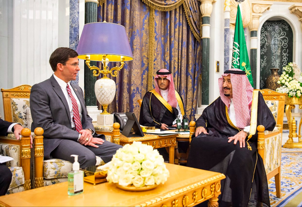 A handout picture provided by the Saudi Press Agency (SPA) October 22, 2019 shows King Salman bin Abdulaziz meeting with US Defence Secretary Mark Esper in the capital Riyadh. u00e2u20acu201d SPA Handout pic via AFP 