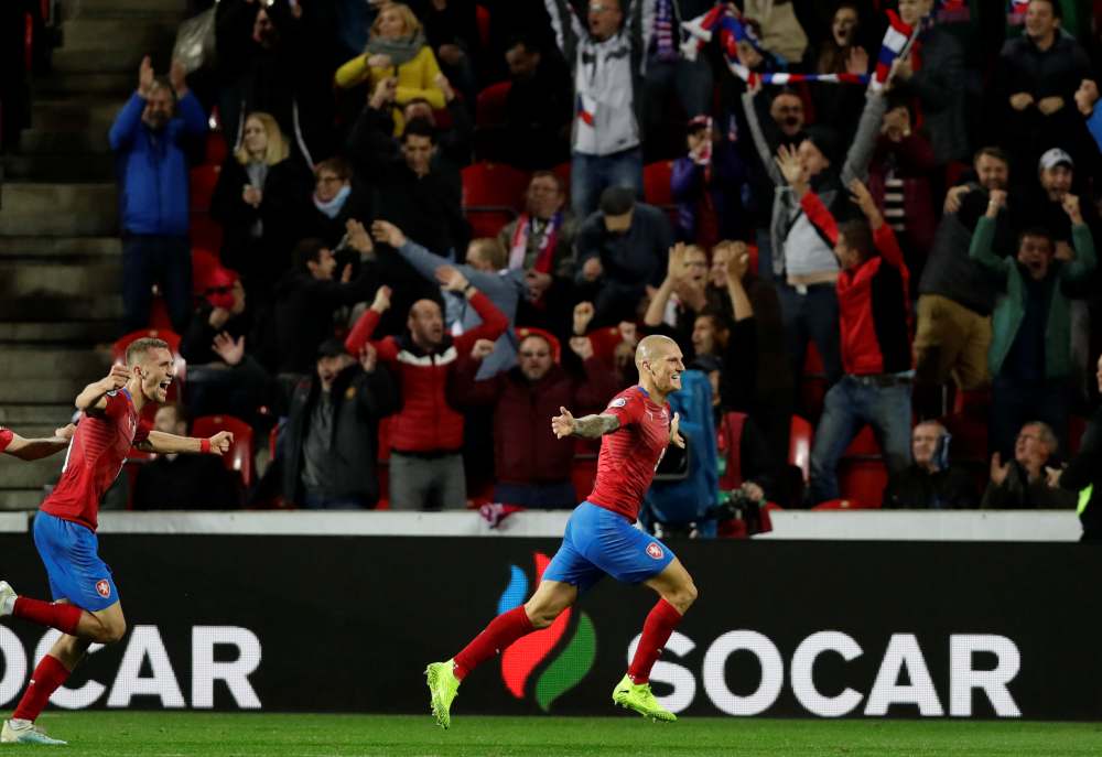Czech Republic's Zdenek Ondrasek celebrates after scoring the second goal against England October 12, 2019. u00e2u20acu2022 Reuters pic