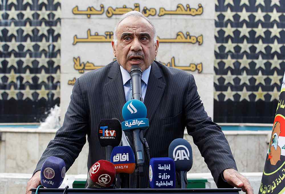 Iraqi Prime Minister Adel Abdul Mahdi speaks during a symbolic funeral ceremony for a Iraqi Federal Police division commander, in Baghdad Iraq October 23, 2019. u00e2u20acu201d Reuters pic