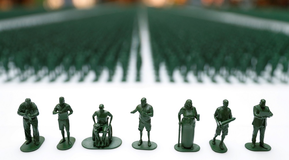 Three-dimensional printed plastic figures of seven medically discharged veterans are seen amongst 40,000 other figures on display as part of an installation by the charity Help for Heroes in Manchester October 7, 2019. u00e2u20acu2022 Reuters pic     