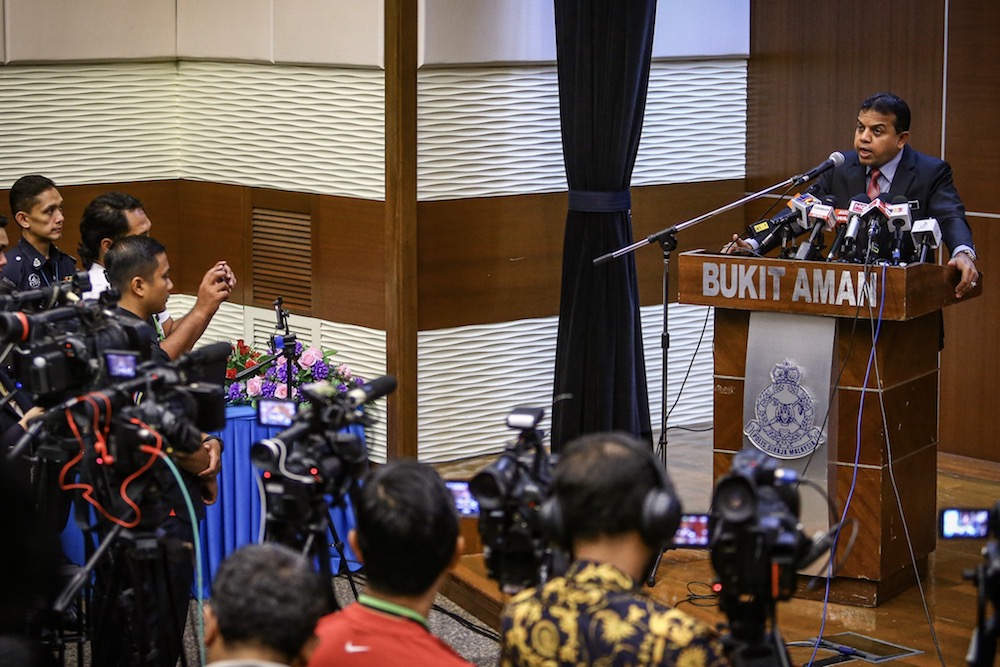 Principal assistant director of the Counter-Terrorism Division (E8) of the Special Branch Datuk Ayob Khan Mydin Pitchay addresses a press conference at Bukit Aman in Kuala Lumpur October 10, 2019. — Picture by Hari Anggara