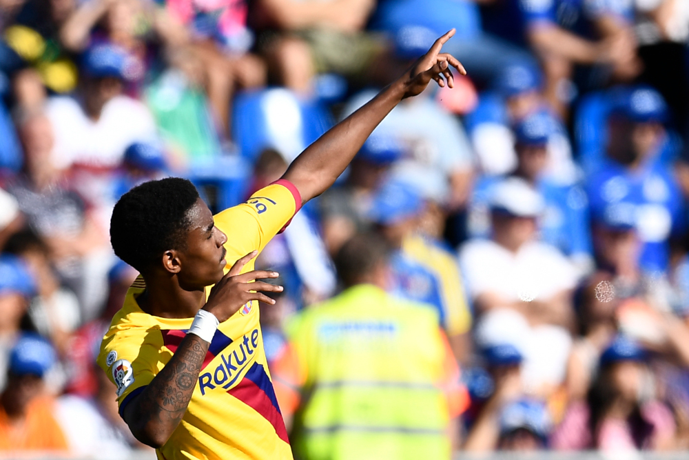 Barcelonau00e2u20acu2122s Spanish defender Junior Firpo celebrates after scoring during the Spanish league football match between Getafe CF and FC Barcelona at the Col. Alfonso Perez stadium in Getafe September 28, 2019. u00e2u20acu201d AFP pic 