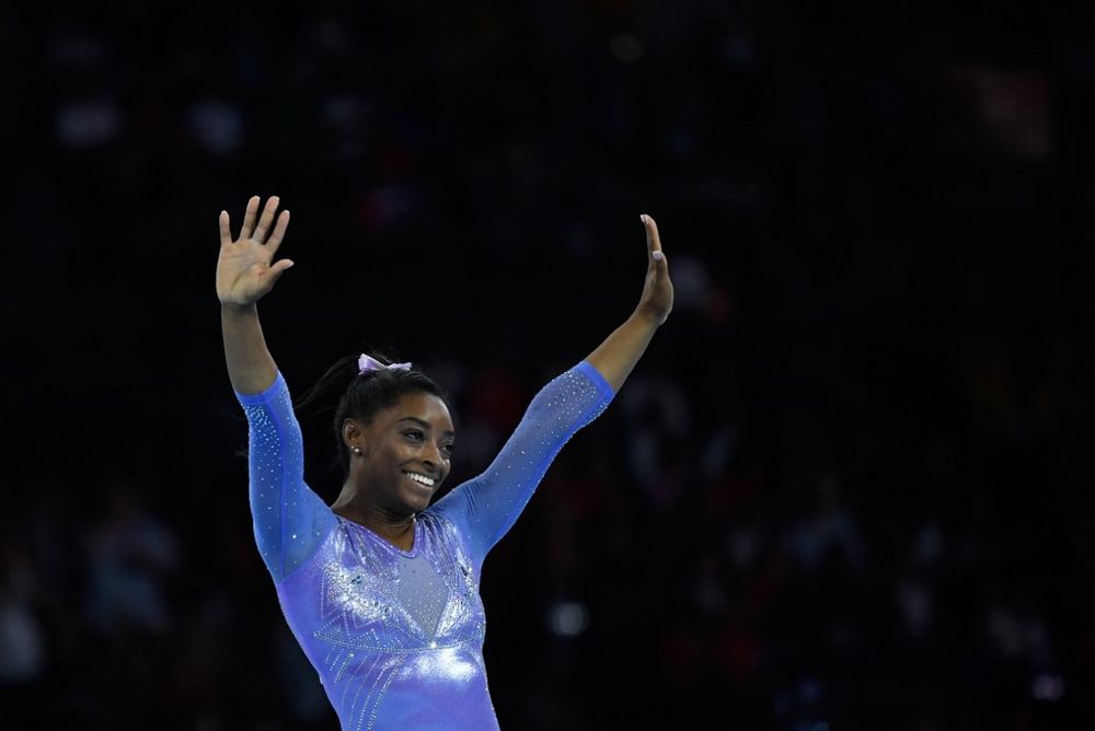 USAu00e2u20acu2122s Simone Biles reacts during the apparatus finals at the FIG Artistic Gymnastics World Championships at the Hanns-Martin-Schleyer-Halle in Stuttgart, Germany, on October 13, 2019. u00e2u20acu201d AFP pic