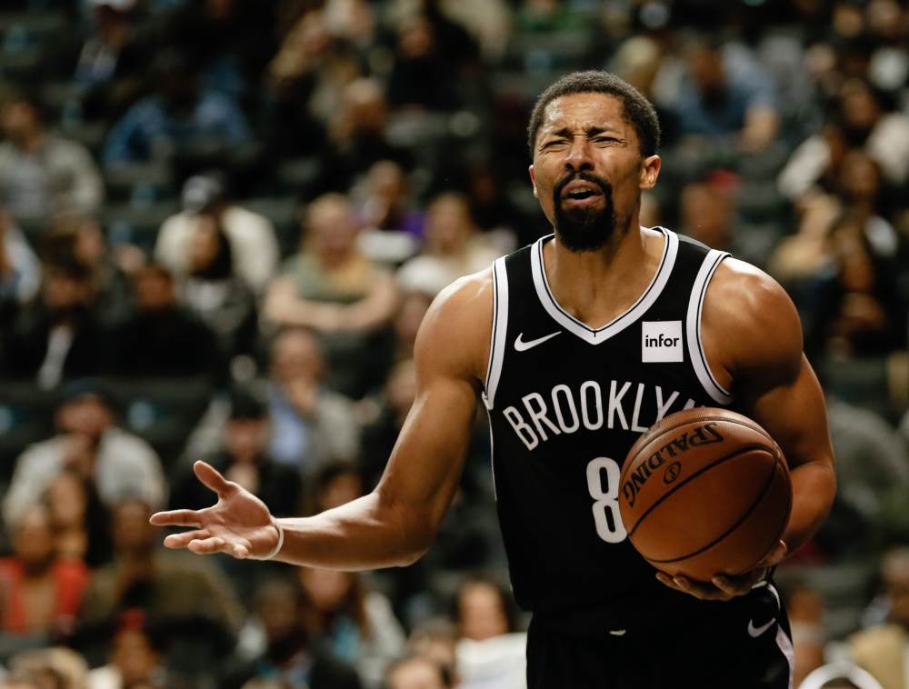 Brooklyn Nets guard Spencer Dinwiddie (8) reacts in the third quarter against the Toronto Raptors at Barclays Center, October 18, 2019. u00e2u20acu2022 Nicole Sweet-USA TODAY Sports via Reuters