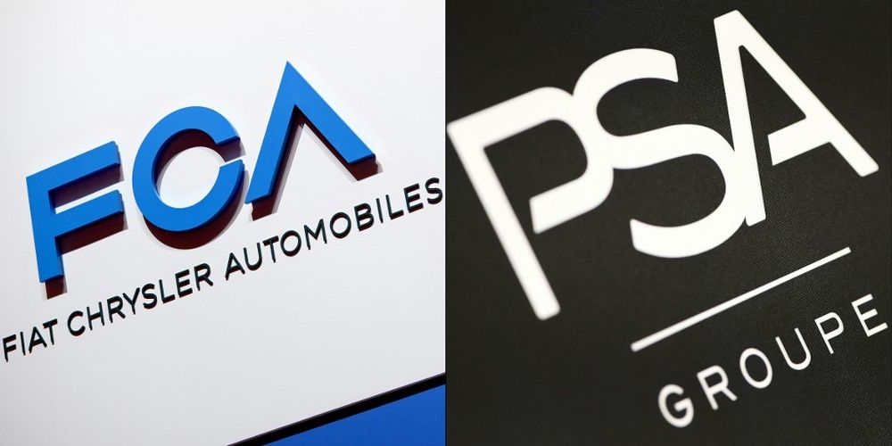 This combination of file pictures created on October 30, 2019 shows the FCA (Fiat Chrysler Automobiles) logo and the logo of French carmaker PSA Peugeot Citroen. u00e2u20acu201d AFP pic