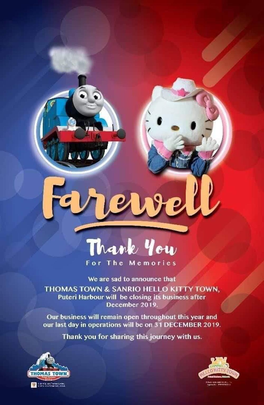An online announcement informing customers of the planned closure of the Thomas Town and Hello Kitty Town theme parks on December 31. — Picture via social media