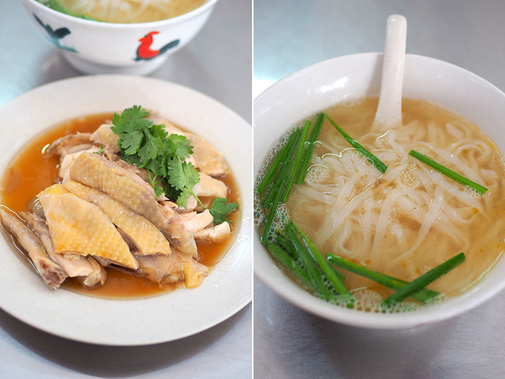 Little Eat Stall's poached chicken is exceptional thanks to the sauce served with it that is soy sauce mixed with chicken oil and fragrant rice wine (left). The bowl of 'hor fun' at Little Eat Stall may look plain but it's absolute deliciousness that you will drink the broth to the last drop (right).