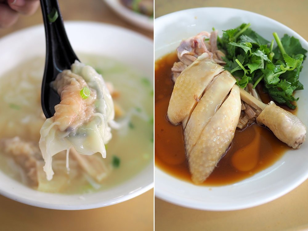 The wantans served at Kampung Chicken Wantan resemble leaner 'sui kow' with its delicious filling of minced pork and prawn (left). At Kampung Chicken Wantan, their poached chicken has a firmer bite but the soy sauce tends to be a little too salty (right).