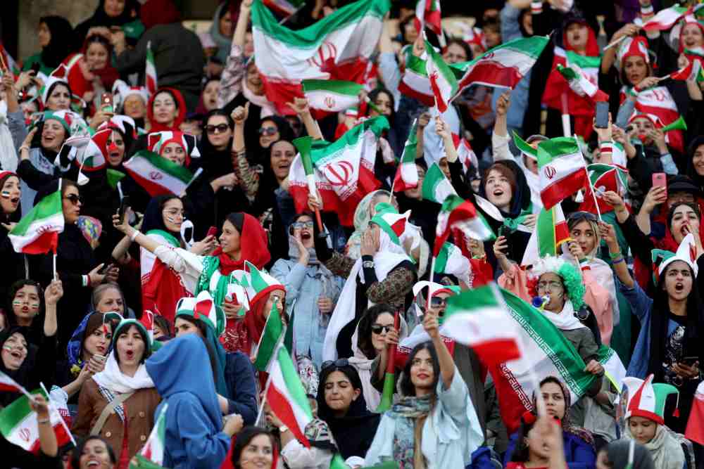 Iranian women fans attend Iranu00e2u20acu2122s Fifa World Cup Asian qualifier match against Cambodia, as for the first time women are allowed to watch the national football team play in over 40 years, October 10, 2019. u00e2u20acu2022 Handout via Reuters