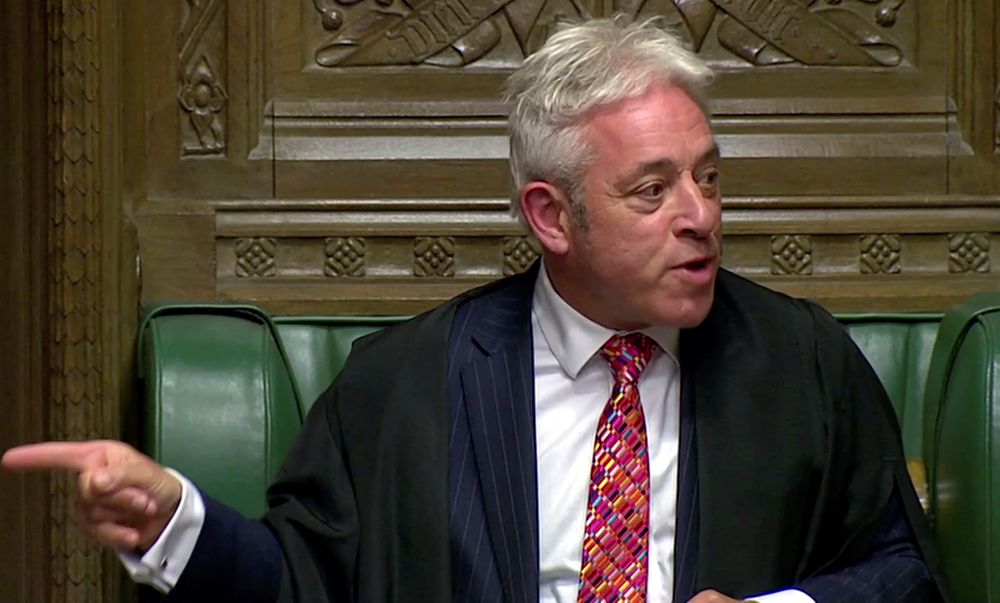 Speaker of the House of Commons John Bercow gestures in parliament, which reconvenes after the UK Supreme Court ruled that suspension of the parliament was unlawful, September 25, 2019, in this screen grab via Reuters TV
