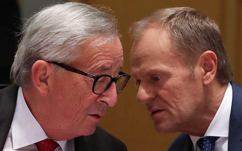 European Commission President Jean-Claude Juncker (left) and President of the European Council Donald Tusk talk at the start of EU Tripartite Social Summit in Brussels, Belgium October 16, 2019. u00e2u20acu201d Reuters pic