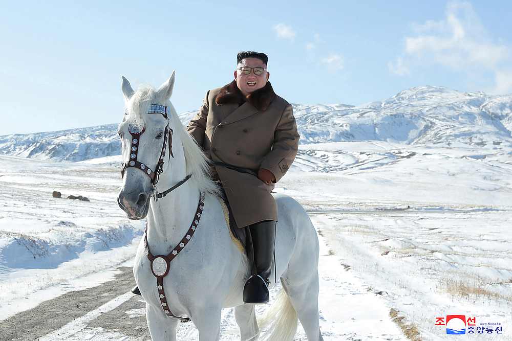 North Korean leader Kim Jong-un rides a horse during snowfall in Mount Paektu in this photo released on October 16, 2019. u00e2u20acu201d KCNA pic via Reuters