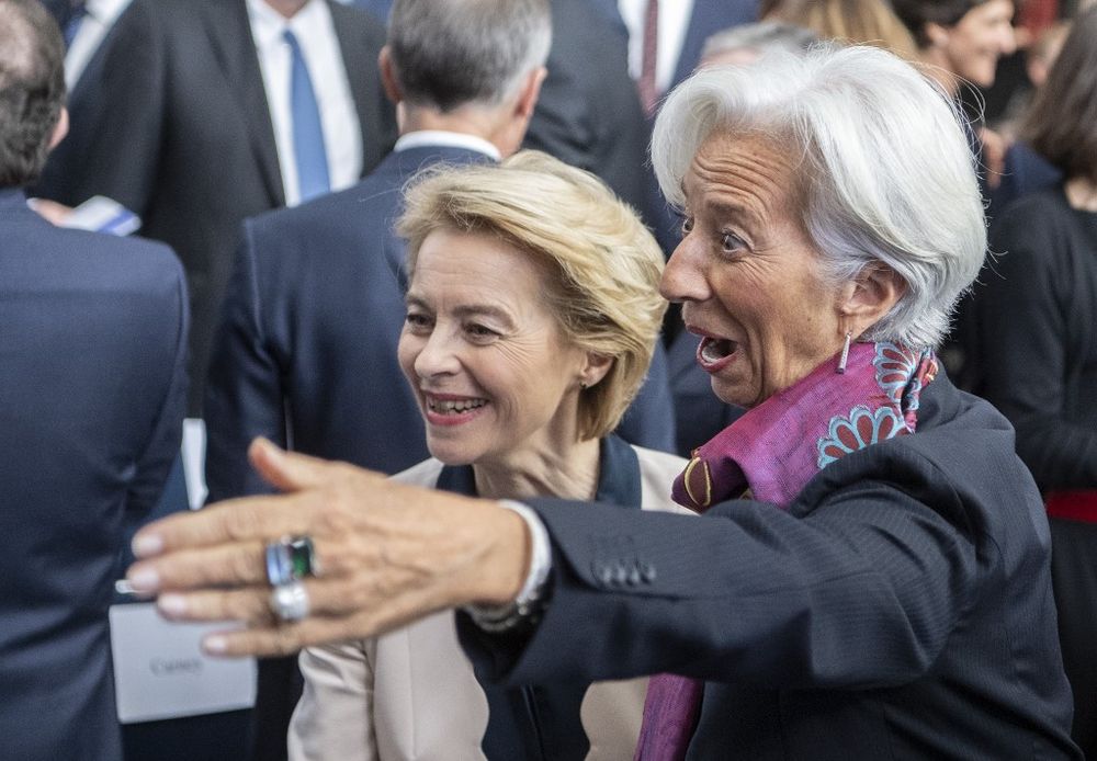 German Defence Minister Ursula von der Leyen (left) and incoming President of the European Central Bank (ECB) Christine Lagarde arrive at a handing over ceremony in Frankfurt am Main, Germany, October 28, 2019. u00e2u20acu201d AFP pic