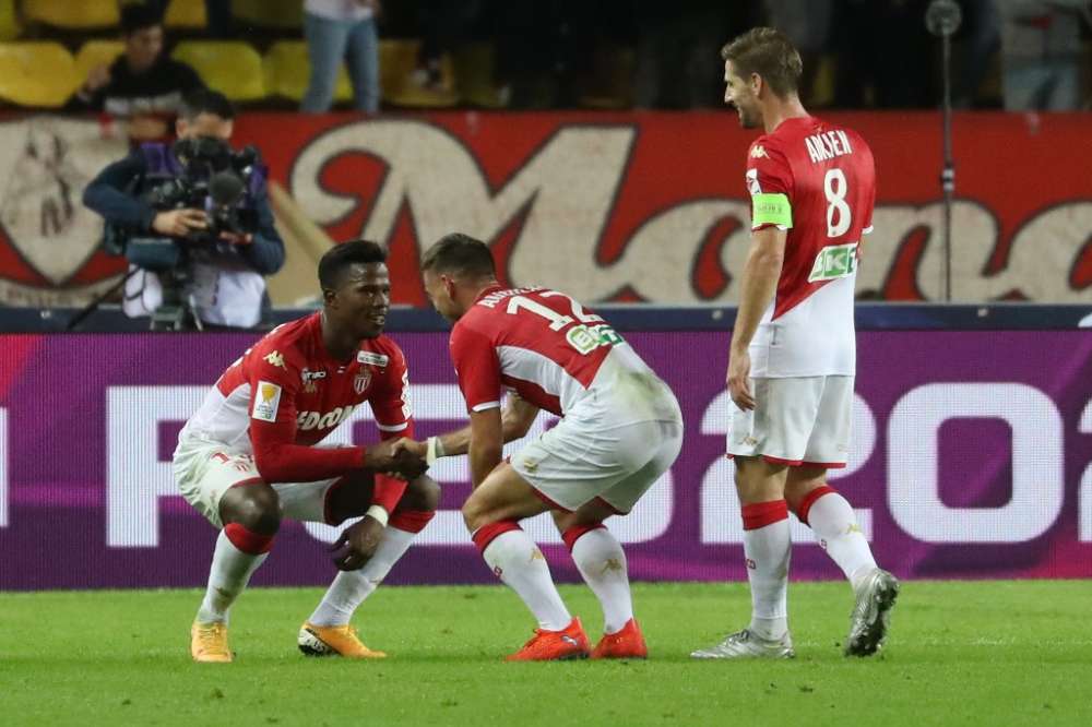 Monaco's French defender Ruben Aguilar (centre) celebrates with team mates after scoring a goal against Marseille at the Louis II stadium in Monaco October 30, 2019. u00e2u20acu2022 AFP pic