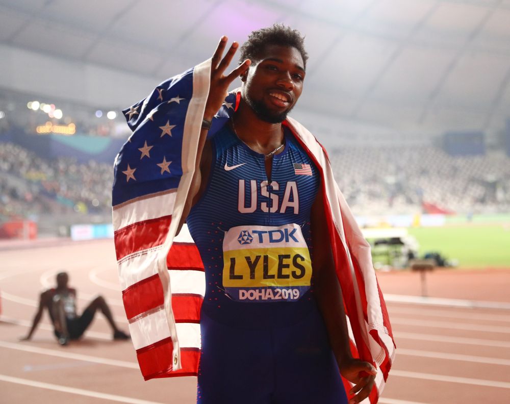 Noah Lyles of the US celebrates winning gold at the World Athletics Championships in Doha October 1, 2019. u00e2u20acu201d Reuters pic