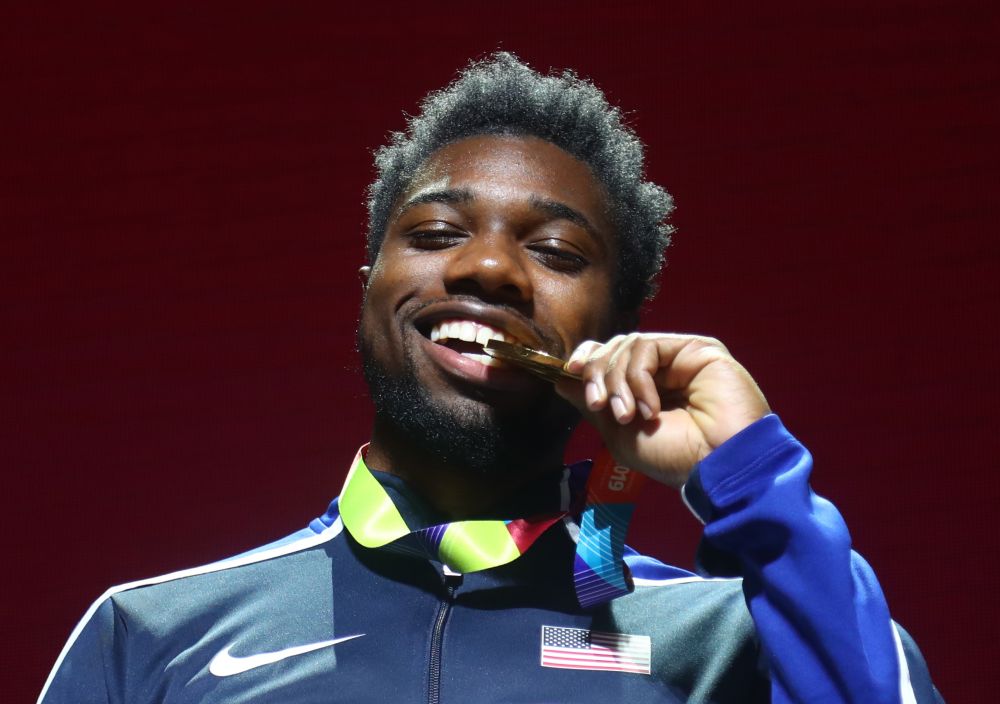 Noah Lyles of the US celebrates on the podium after winning gold at the men's 200 metres final. u00e2u20acu201d Reuters pic