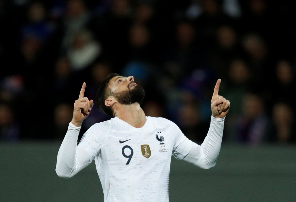 France's Olivier Giroud celebrates scoring a goal against Iceland October 12, 2019. u00e2u20acu2022 Reuters pic