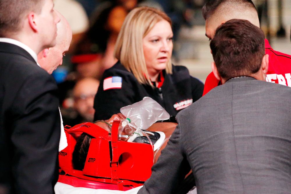 Patrick Day is tended to by paramedics after being knocked out by Charles Conwell during a USBA Super-Welterweight boxing match at the Wintrust Arena in Chicago. u00e2u20acu201d Reuters pic