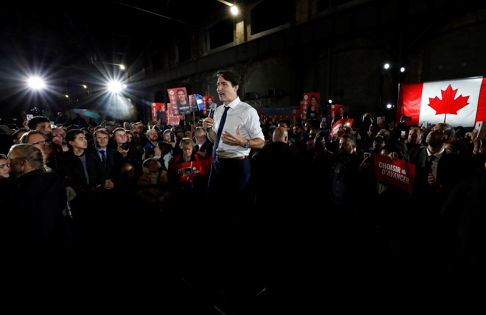 Liberal leader and Canadian Prime Minister Justin Trudeau takes part in a rally as he campaigns for the upcoming election, in Montreal, Quebec, Canada October 17, 2019. u00e2u20acu201d Reuters pic  