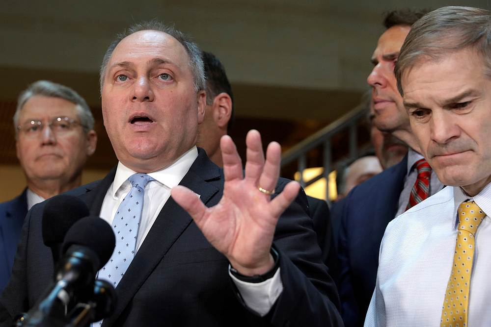 House Minority Whip Steve Scalise with other Republican congressmen speaks to the media outside a secure area while a closed-door impeachment inquiry into US President Donald Trump proceeds in Washington October 23, 2019. u00e2u20acu201d Reuters pic