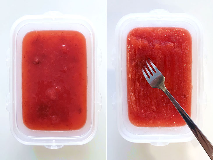One method of making sorbet involves freezing the berry juice and scraping it coarsely