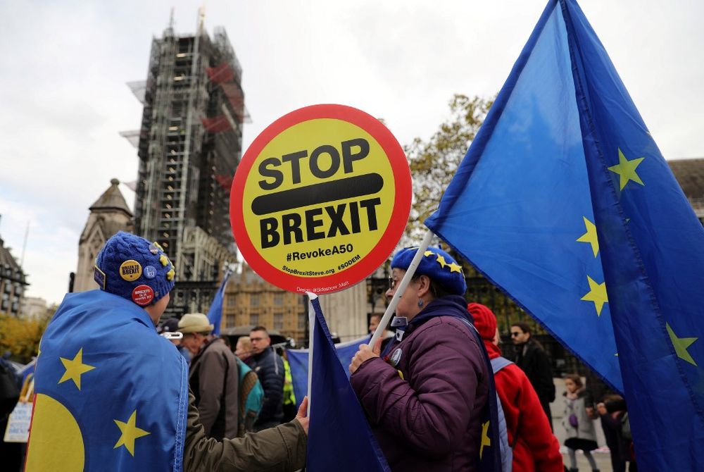 Anti-Brexit activists demonstrate outside of the Houses of Parliament in London on October 28, 2019. u00e2u20acu201d AFP pic