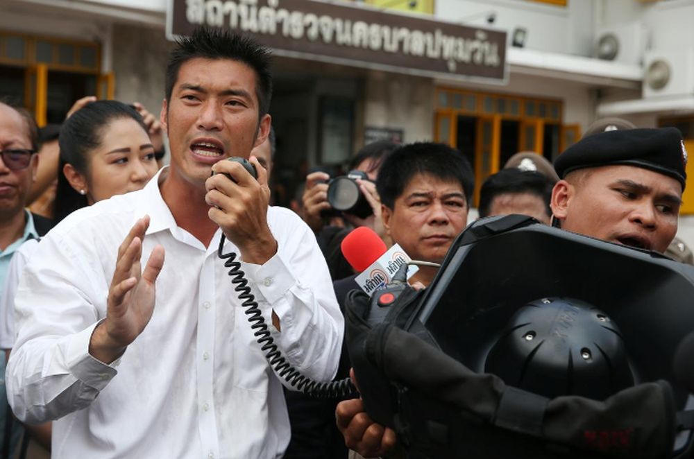 Thanathorn Juangroongruangkit, leader of the Future Forward Party speaks to his supporters as he arrives at a police station to hear a sedition complaint filed by the army in Bangkok, Thailand, April 6, 2019. u00e2u20acu201d Reuters pic
