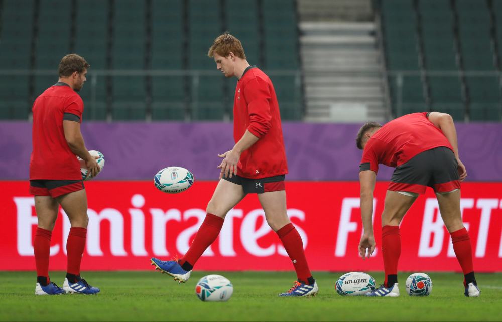 Wales' Leigh Halfpenny, Rhys Patchell and Dan Biggar during a training in Oita, Japan October 18, 2019. u00e2u20acu2022 Reuters pic