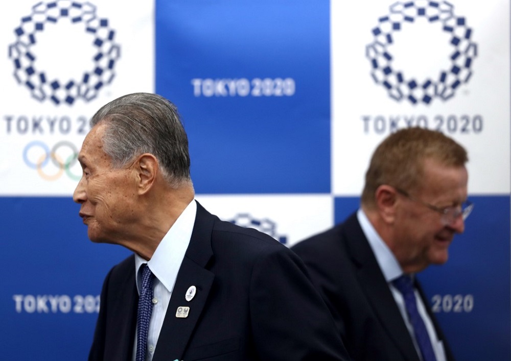 Chairman of the Tokyo 2020 Olympic Games coordination committee John Coates (right) and Tokyo 2020 president Yoshiro Mori (left) leave at the end of a joint press conference in Tokyo November 1, 2019. u00e2u20acu201d AFP pic