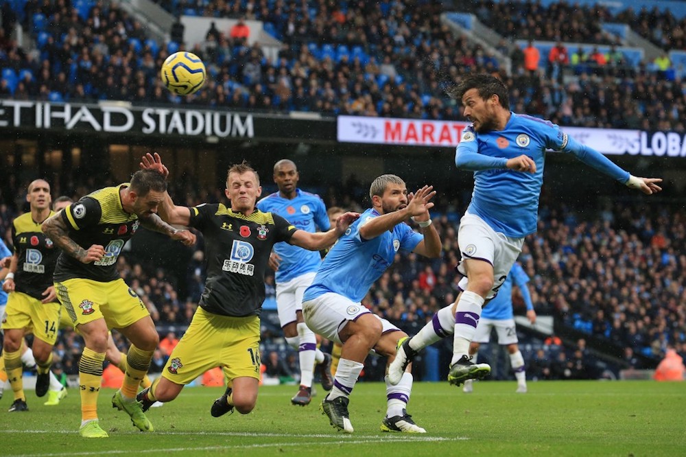 Manchester Cityu00e2u20acu2122s David Silva heads the ball during the Premier League match with Southampton at Etihad Stadium in Manchester November 2, 2019. u00e2u20acu201d AFP pic
