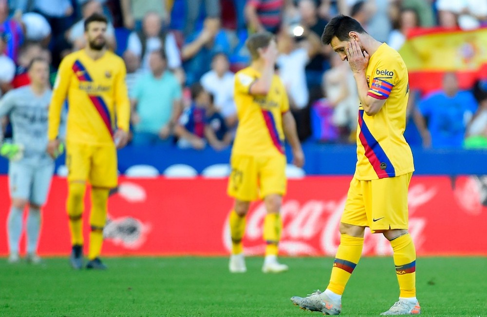 Barcelonau00e2u20acu2122s Lionel Messi reacts to Levanteu00e2u20acu2122s third goal during their La Liga match at Ciutat de Valencia in Valencia November 2, 2019. u00e2u20acu201d AFP pic