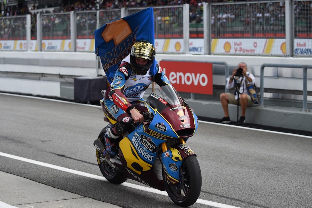 EG 0,0 Marc VDSu00e2u20acu2122 Alex Marquez rides into the parc ferme as he celebrates his Moto2 world champion title following the Moto2-class Malaysian Grand Prix at the Sepang International Circuit in Sepang November 3, 2019. u00e2u20acu201d AFP pic
