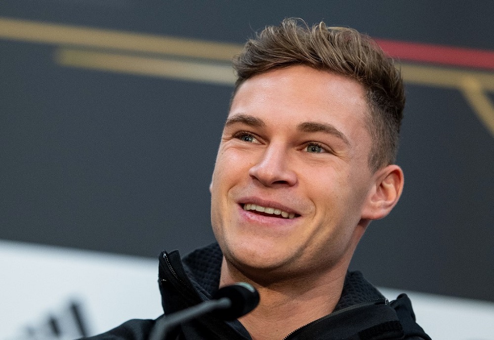 Germanyu00e2u20acu2122s defender Joshua Kimmich smiles during a press conference ahead of the Uefa Euro 2020 Group C qualification football match between Germany and Belarus in Duesseldorf November 14, 2019. u00e2u20acu201d AFP picnn