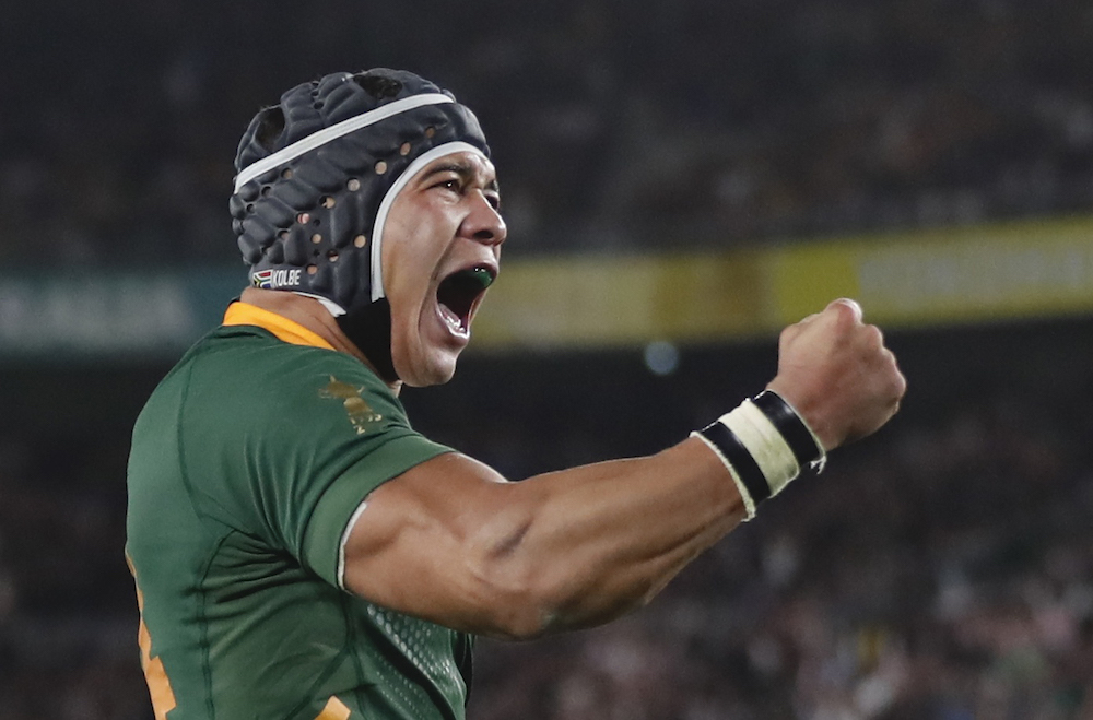 South Africa's Cheslin Kolbe celebrates scoring their second try at International Stadium Yokohama, Yokohama November 2, 2019. u00e2u20acu201d Reuters pic