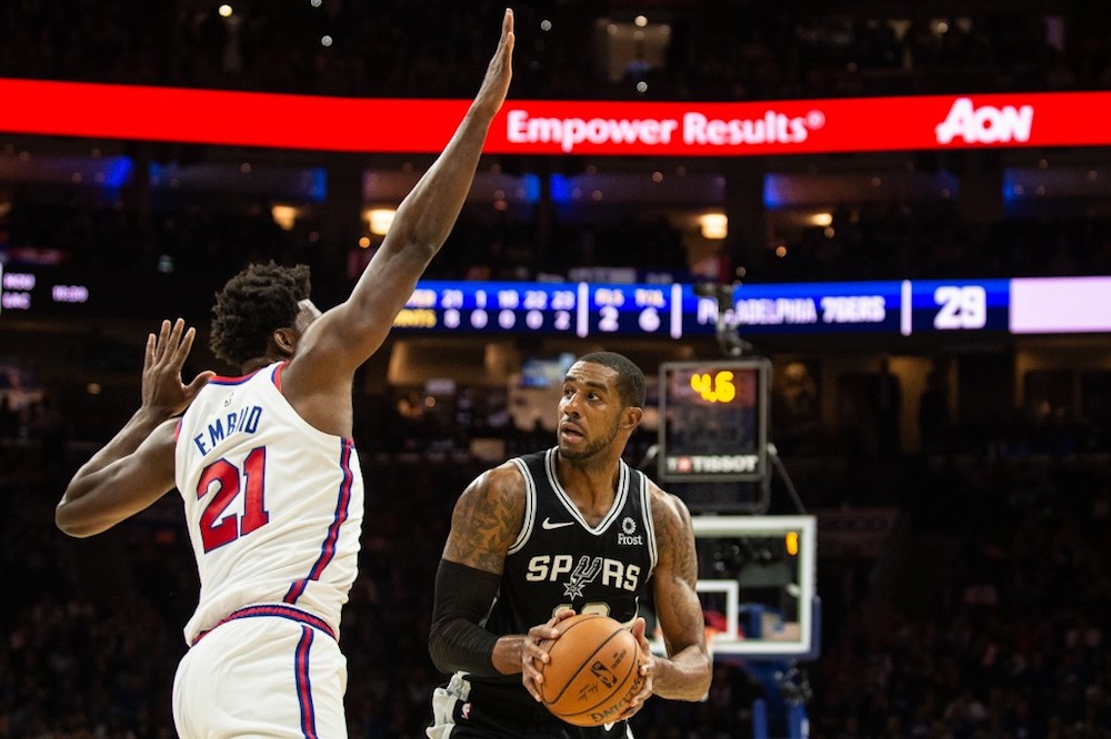 Joel Embiid of the Philadelphia 76ers attempts a block as LaMarcus Aldridge of the San Antonio Spurs during the first quarter of a game at the Wells Fargo Centre in Philadelphia November 22, 2019. u00e2u20acu201d AFP pic
