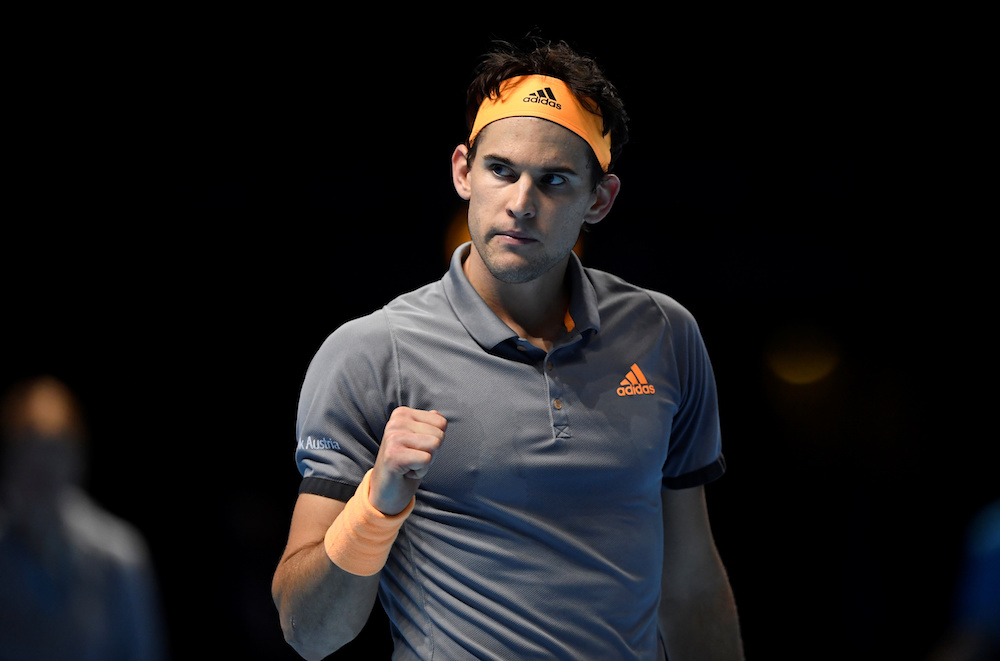 Austria's Dominic Thiem reacts during his group stage match against Serbia's Novak Djokovic, November 12, 2019. u00e2u20acu201d Action Images via Reuters/Tony O'Brien 