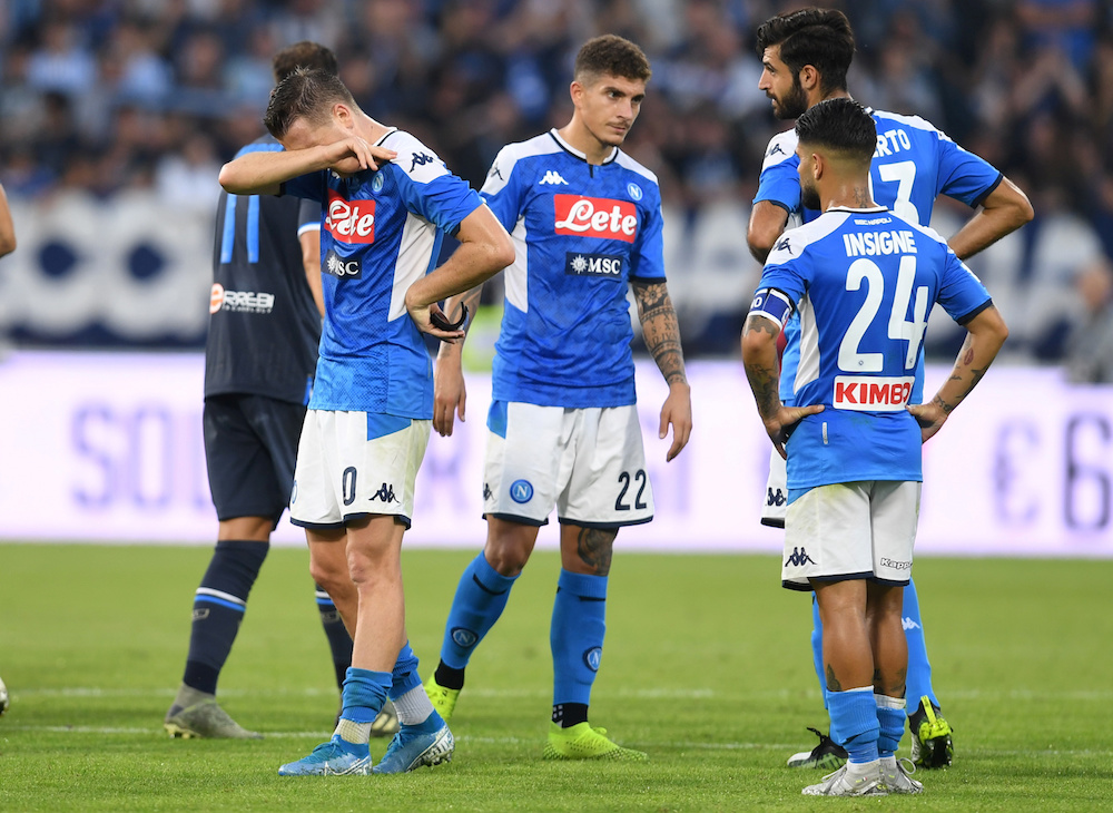 Napoliu00e2u20acu2122s Giovanni Di Lorenzo and Lorenzo Insigne with teammates as they react after the Serie A match with SPAL at Paolo Mazza in Ferrara October 27, 2019. u00e2u20acu201d Reuters pic