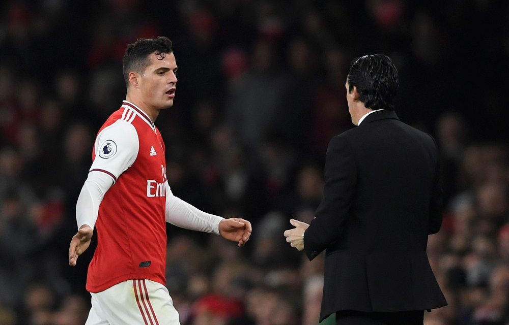 Arsenalu00e2u20acu2122s Granit Xhaka reacts after being substituted during the match against Crystal Palace at the Emirates Stadium in London October 27, 2019. u00e2u20acu201d Action Images via Reuters