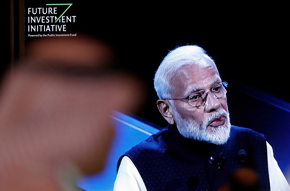 Indian Prime Minister Narendra Modi is seen on a screen as he attends the Future Investment Initiative conference in Riyadh October 29, 2019. u00e2u20acu201d Reuters pic