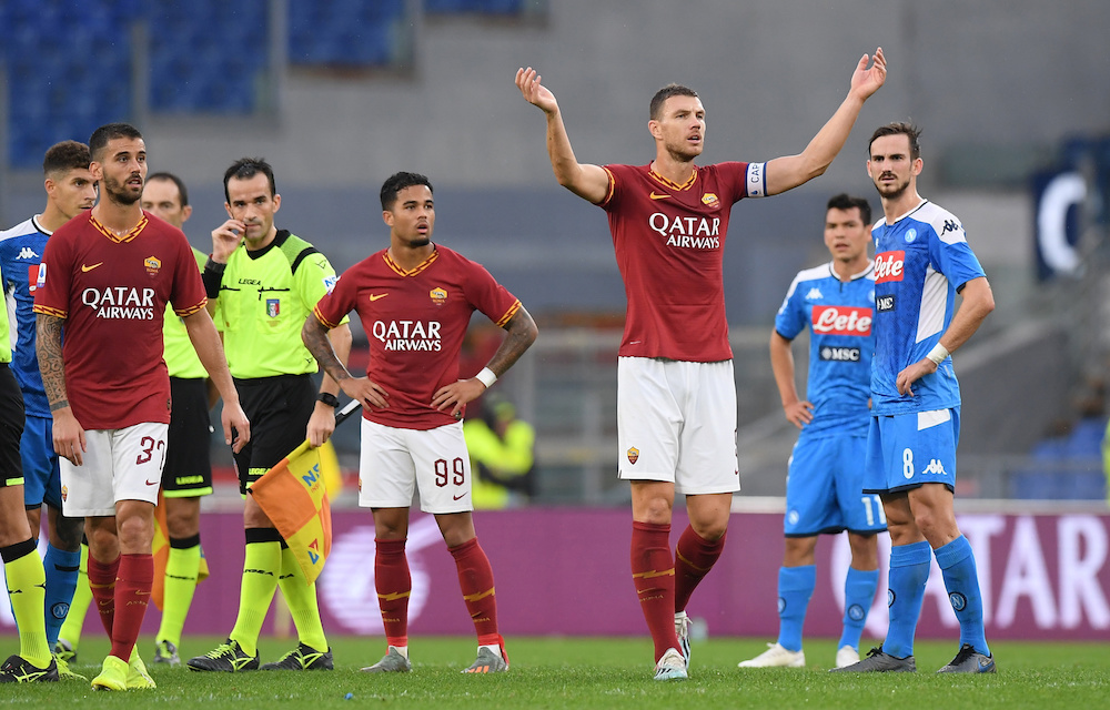 AS Romau00e2u20acu2122s Edin Dzeko gestures at fans after the Serie A game with Napoli is temporarily suspended at Stadio Olimpico in Rome November 2, 2019. u00e2u20acu201d Reuters pic